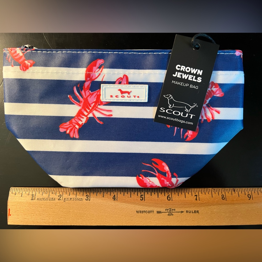 Scout Navy and White Striped Make Up Pouch with Red Lobster Design
